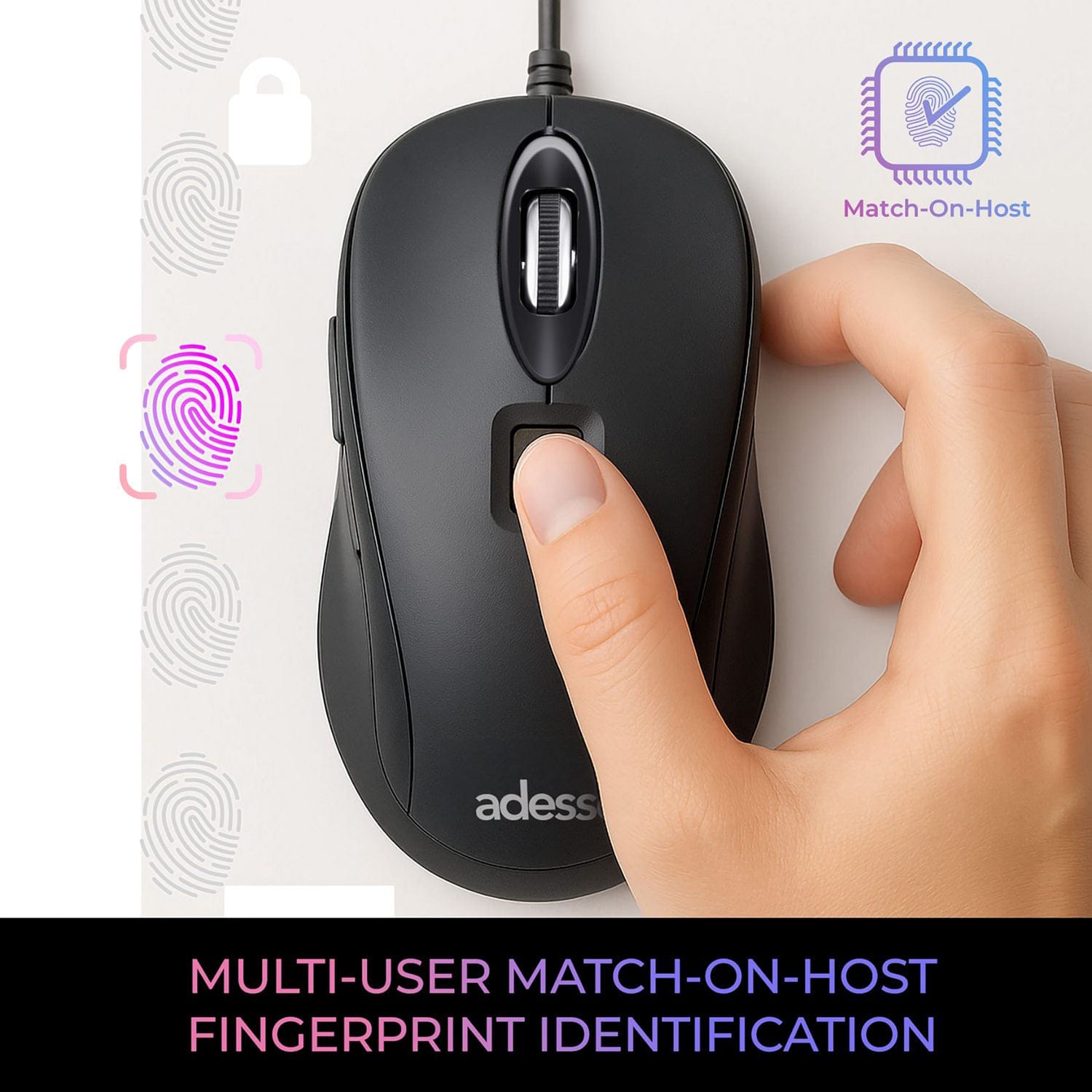 Adesso iMouse F1-TAA Wired USB Computer Mouse with Fingerprint Reader, 5 Buttons, 1200 DPI, for PC and Mac