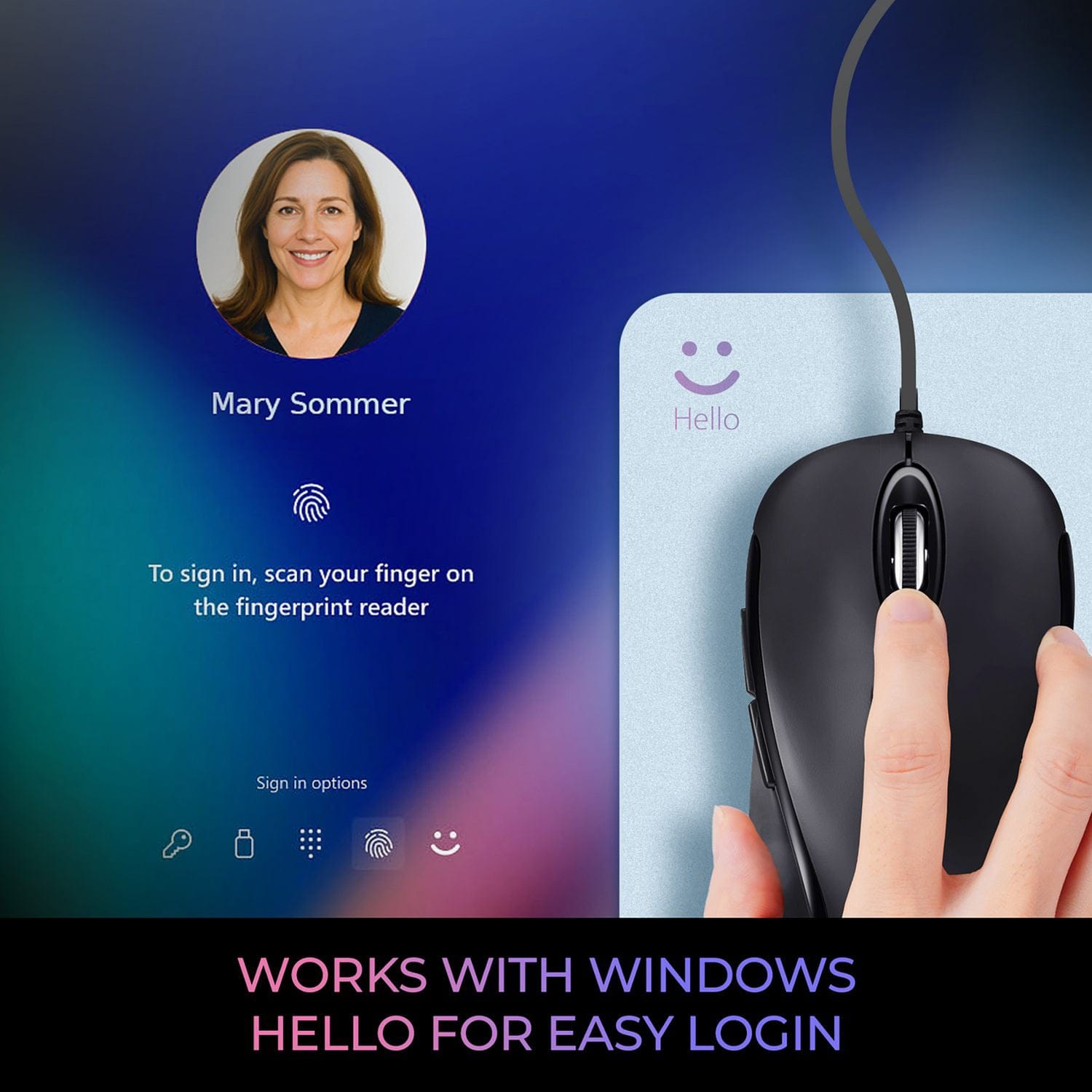 Adesso iMouse F1-TAA Wired USB Computer Mouse with Fingerprint Reader, 5 Buttons, 1200 DPI, for PC and Mac