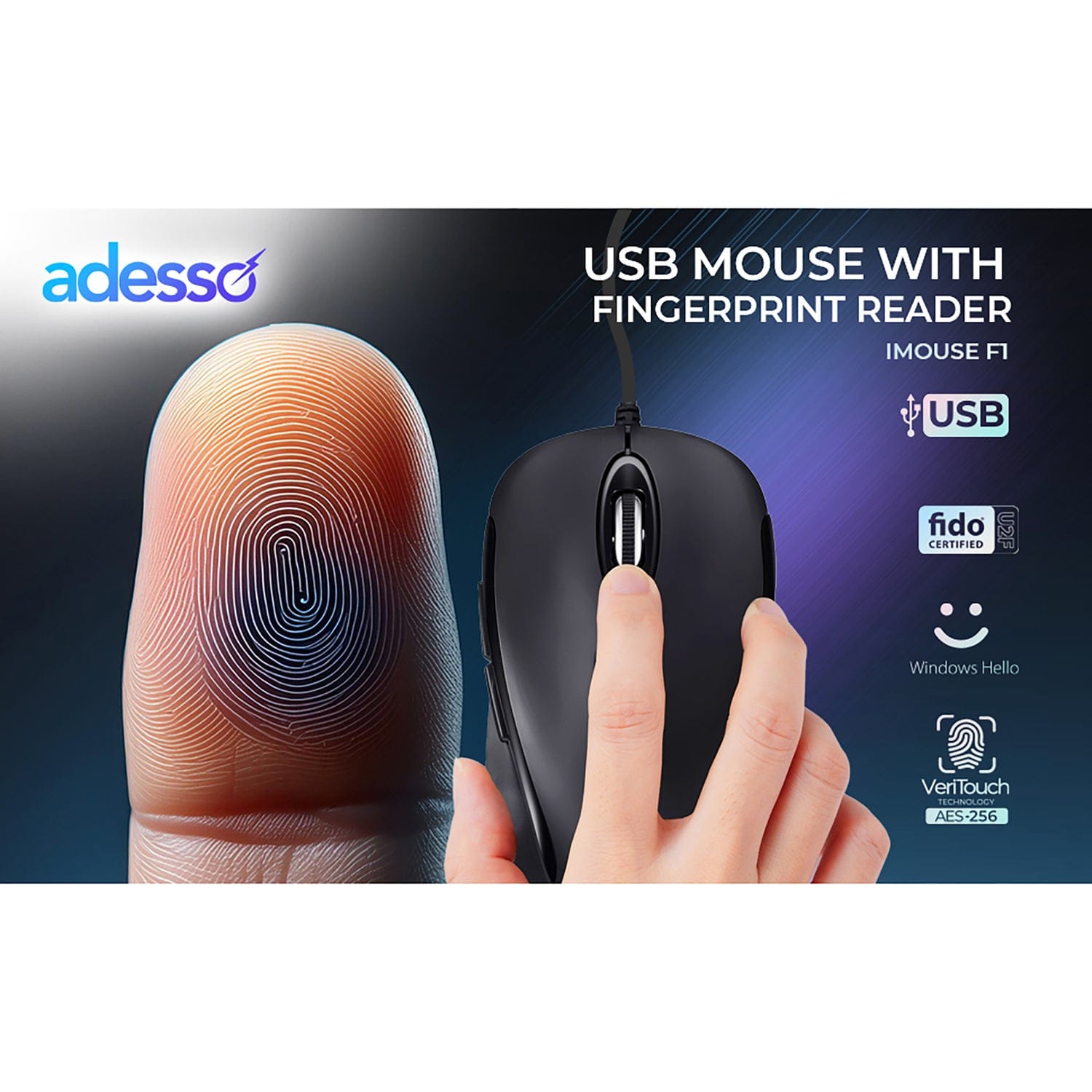 Adesso iMouse F1-TAA Wired USB Computer Mouse with Fingerprint Reader, 5 Buttons, 1200 DPI, for PC and Mac