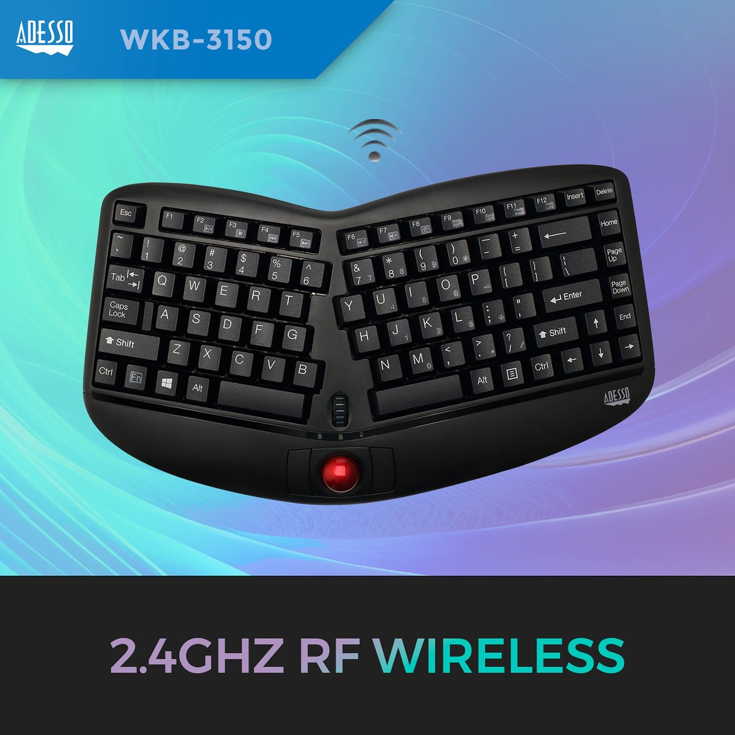 Adesso 2.4-GHz Wireless TruForm Ergonomic Computer Keyboard with Trackball, for Windows, Mini