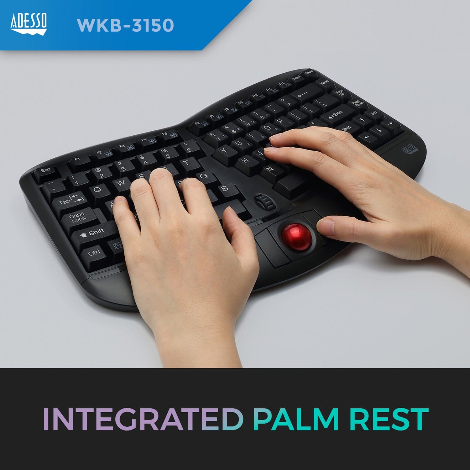 Adesso 2.4-GHz Wireless TruForm Ergonomic Computer Keyboard with Trackball, for Windows, Mini