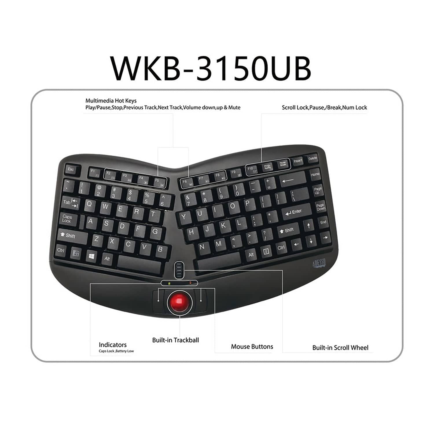 Adesso 2.4-GHz Wireless TruForm Ergonomic Computer Keyboard with Trackball, for Windows, Mini