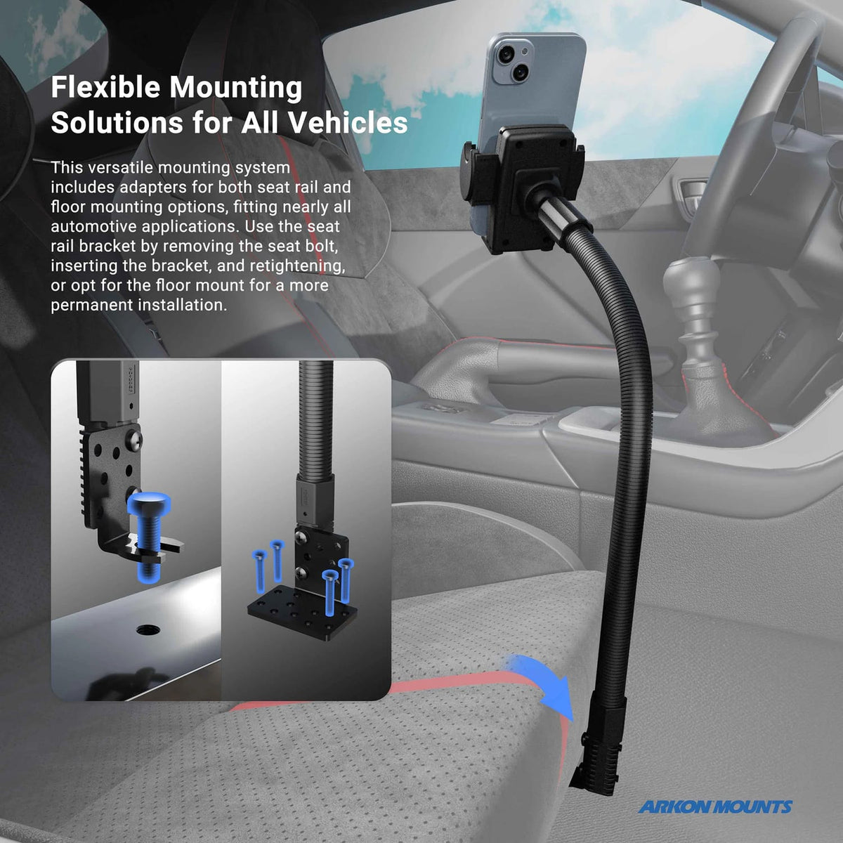 Arkon Mounts eat Rail or Floor Mount with Mega Grip Phone Holder for Cars and Trucks