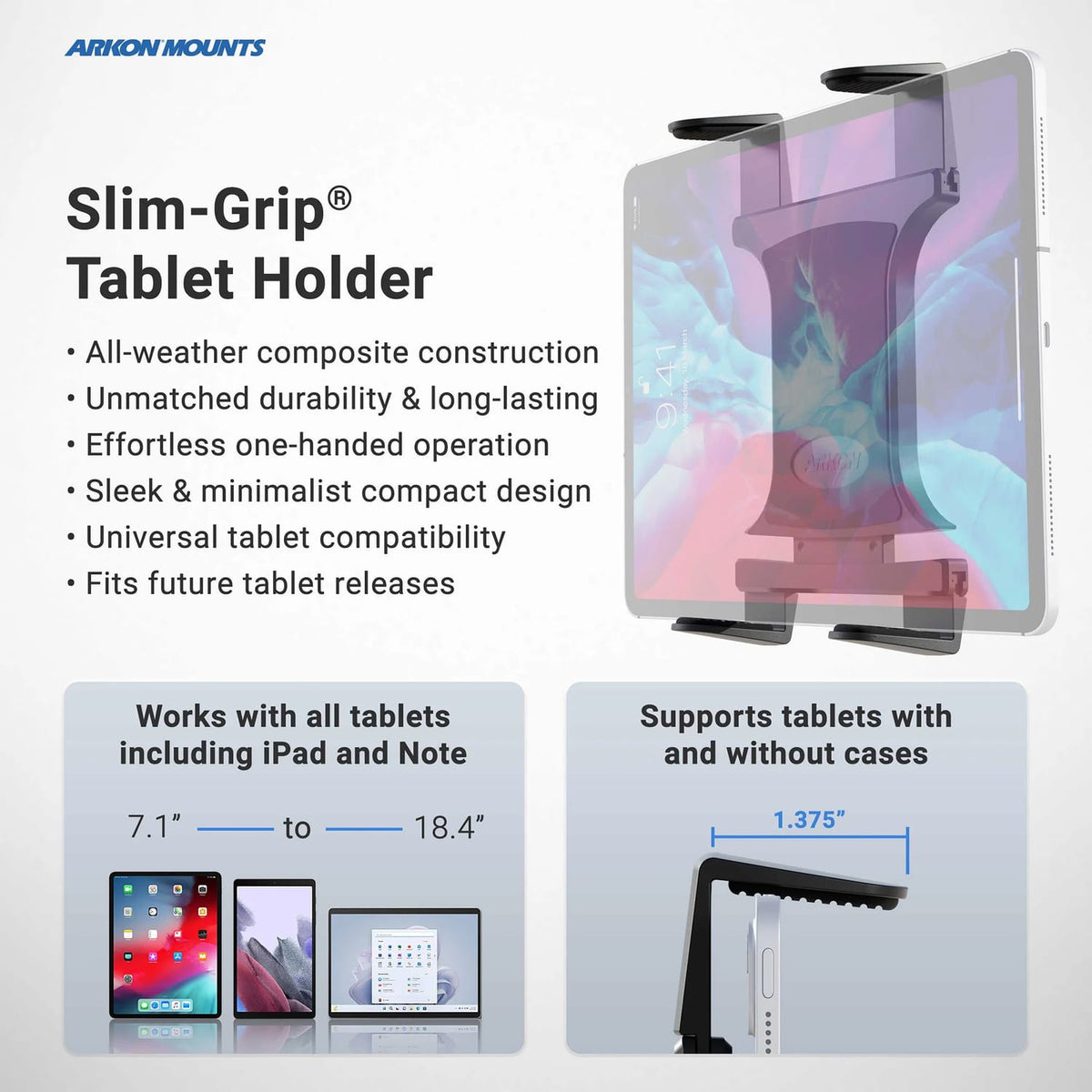 Arkon Mounts Slim-Grip Tablet Holder with Windshield Suction Mount and Extension Arm