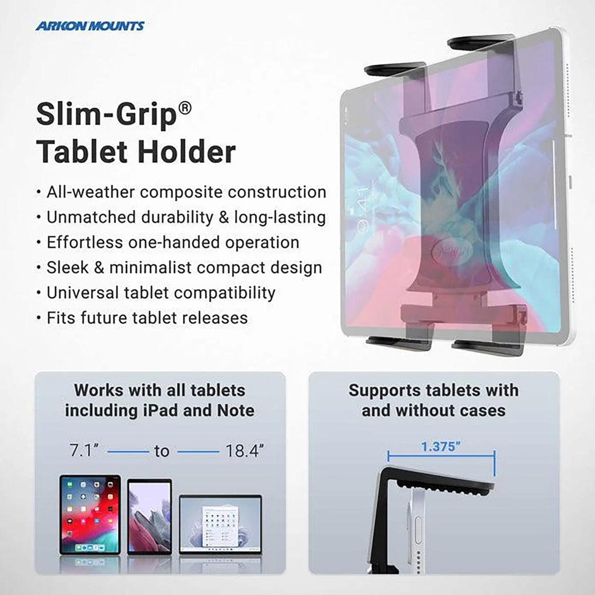 Arkon Mounts Slim-Grip Cup-Holder Tablet Mount with 3.75-In. Shaft