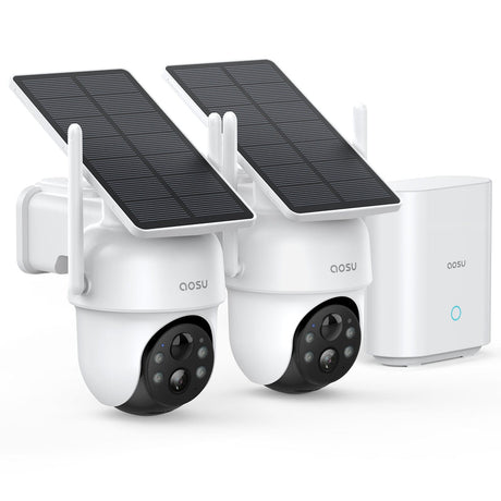 AOSU 2K QHD 3.0-MP Dual-Band Wi-Fi Outdoor AI-Smart Solar Security Camera Kit with Panoramic PTZ, Auto-Tracking, and Home Station Recorder, 2 Cameras