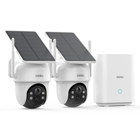 AOSU 2K QHD 3.0-MP Dual-Band Wi-Fi Outdoor AI-Smart Solar Security Camera Kit with Panoramic PTZ, Auto-Tracking, and Home Station Recorder, 2 Cameras