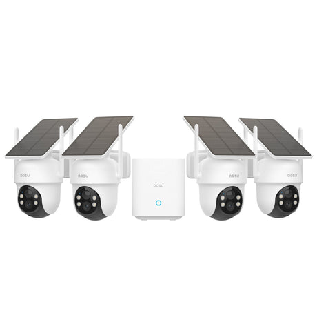 AOSU 2K QHD 3.0-MP Dual-Band Wi-Fi Outdoor AI-Smart Solar Security Camera Kit with Panoramic PTZ, Auto-Tracking, and Home Station Recorder, 4 Cameras