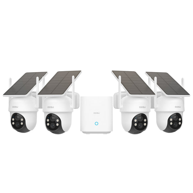 AOSU 2K QHD 3.0-MP Dual-Band Wi-Fi Outdoor AI-Smart Solar Security Camera Kit with Panoramic PTZ, Auto-Tracking, and Home Station Recorder, 4 Cameras