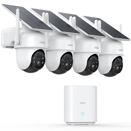 AOSU 2K QHD 3.0-MP Dual-Band Wi-Fi Outdoor AI-Smart Solar Security Camera Kit with Panoramic PTZ, Auto-Tracking, and Home Station Recorder, 4 Cameras