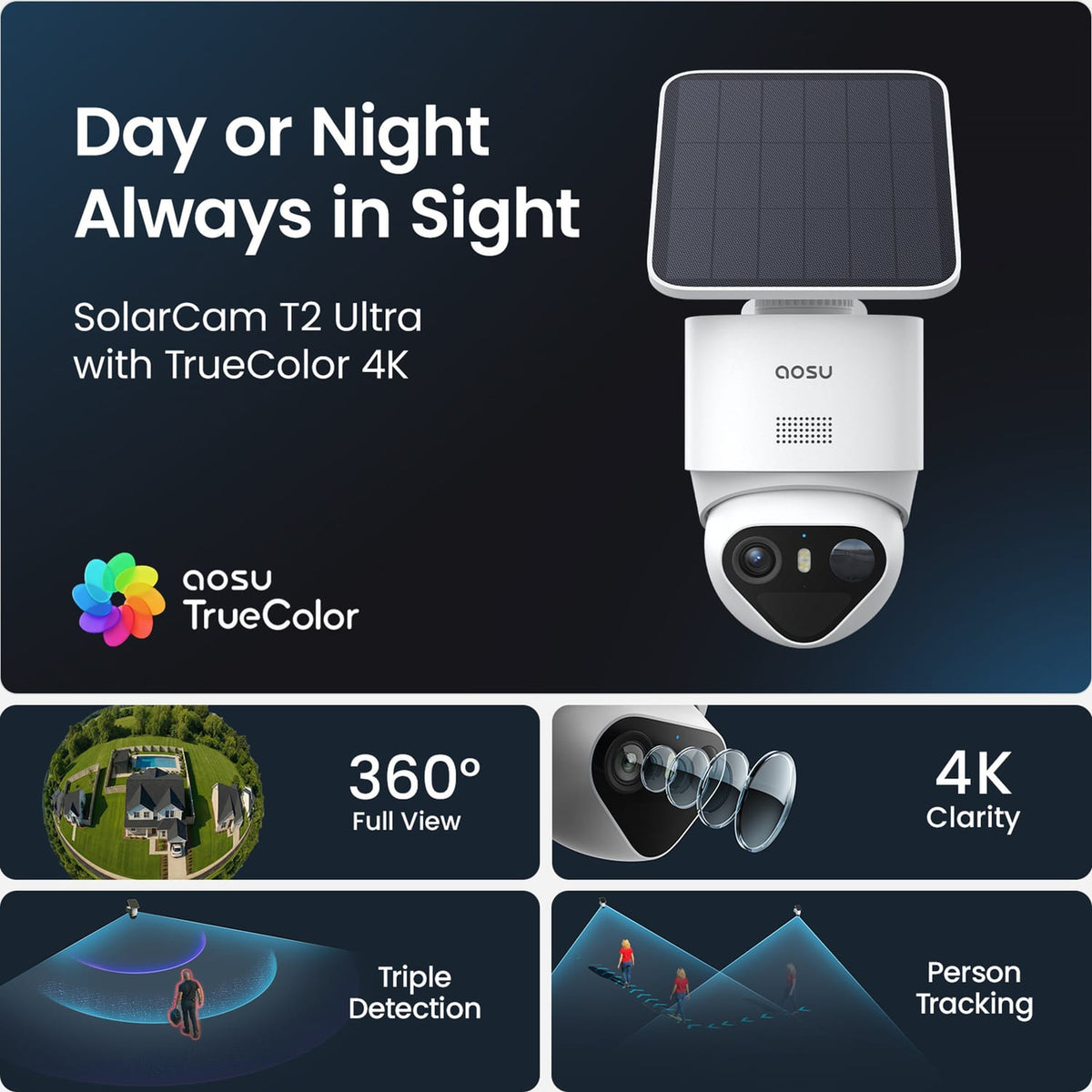 AOSU TrueColor 4K 8.3-MP SolarCam T2 Ultra Camera with Solar Panel, 355° PTZ with Auto Patrol, Triple Detection Radar/PIR/AI Technology, 2-Way Talk
