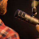 Audio-Technica AT2040 Dynamic Wired Hypercardioid Microphone for Podcasts with 3-Pin XLRM Output, Pivoting Stand Mount, Mount Adapter, and Pouch