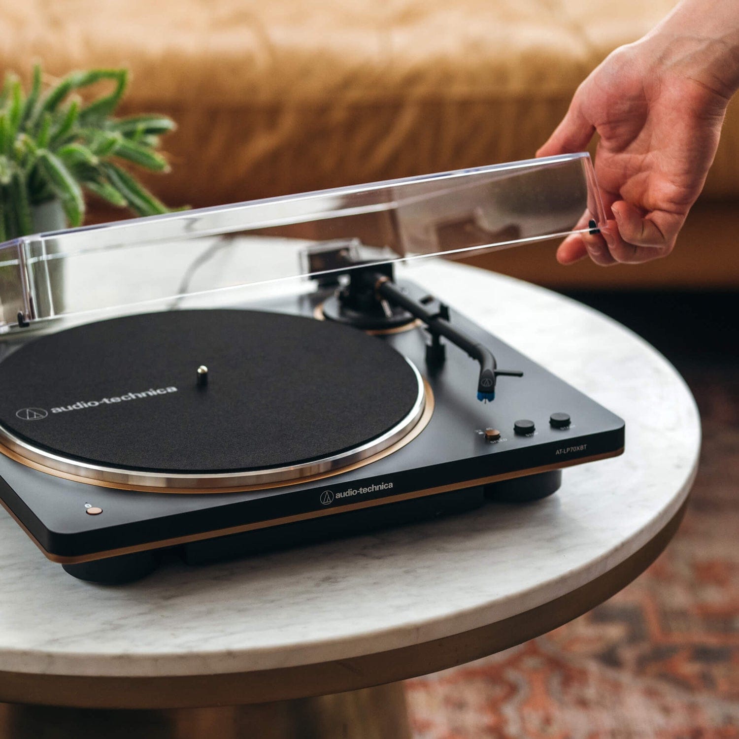 Audio-Technica 2-Speed Belt-Drive Fully Automatic Turntable with Bluetooth, aptX, 45 RPM Adapter, Switchable Preamp, and RCA Out, Black/Bronze