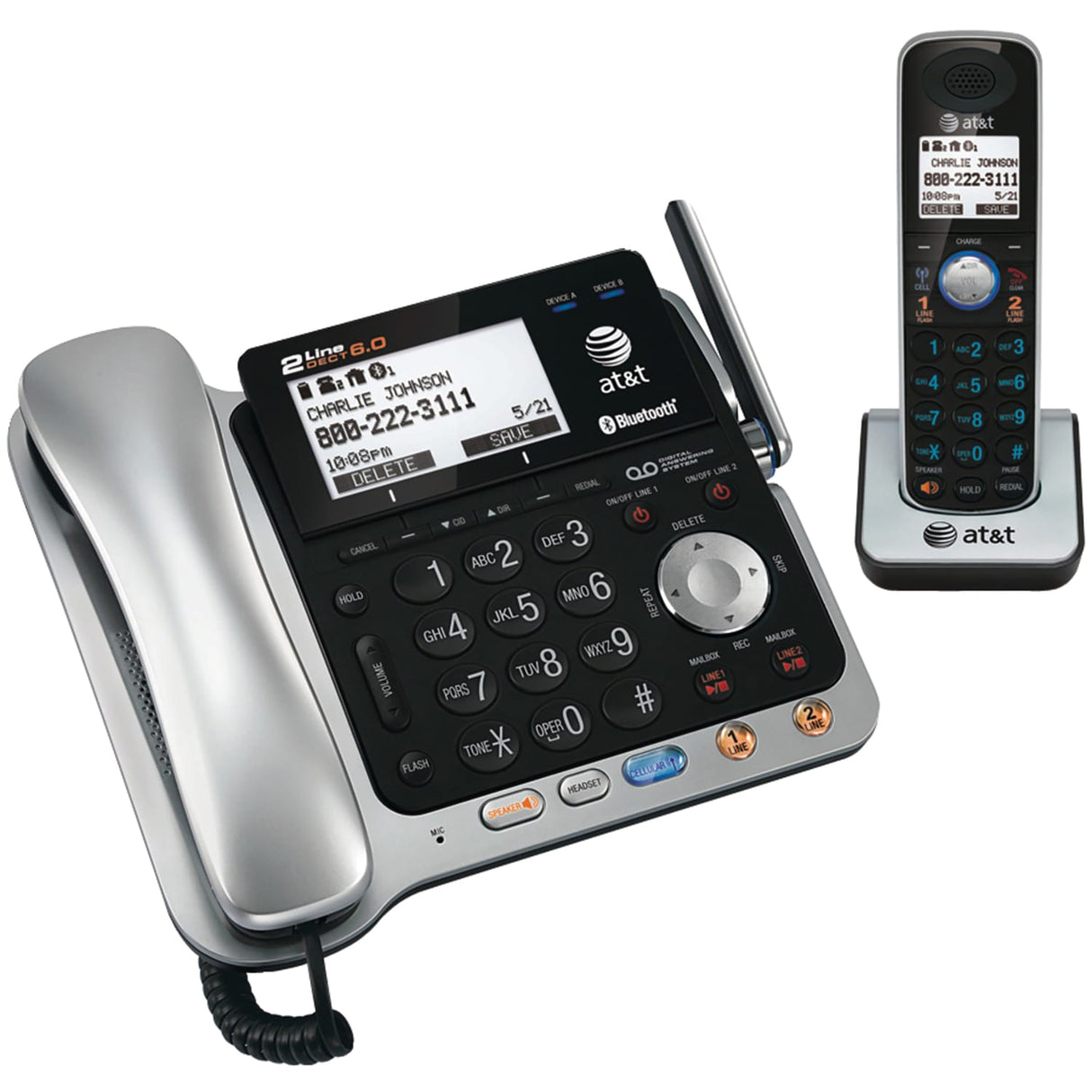 AT&T 2-Line 2-Handset DECT 6.0 Expandable Cordless Phone System for Landline, Answering System, Bluetooth Connect to Cell, and Caller ID
