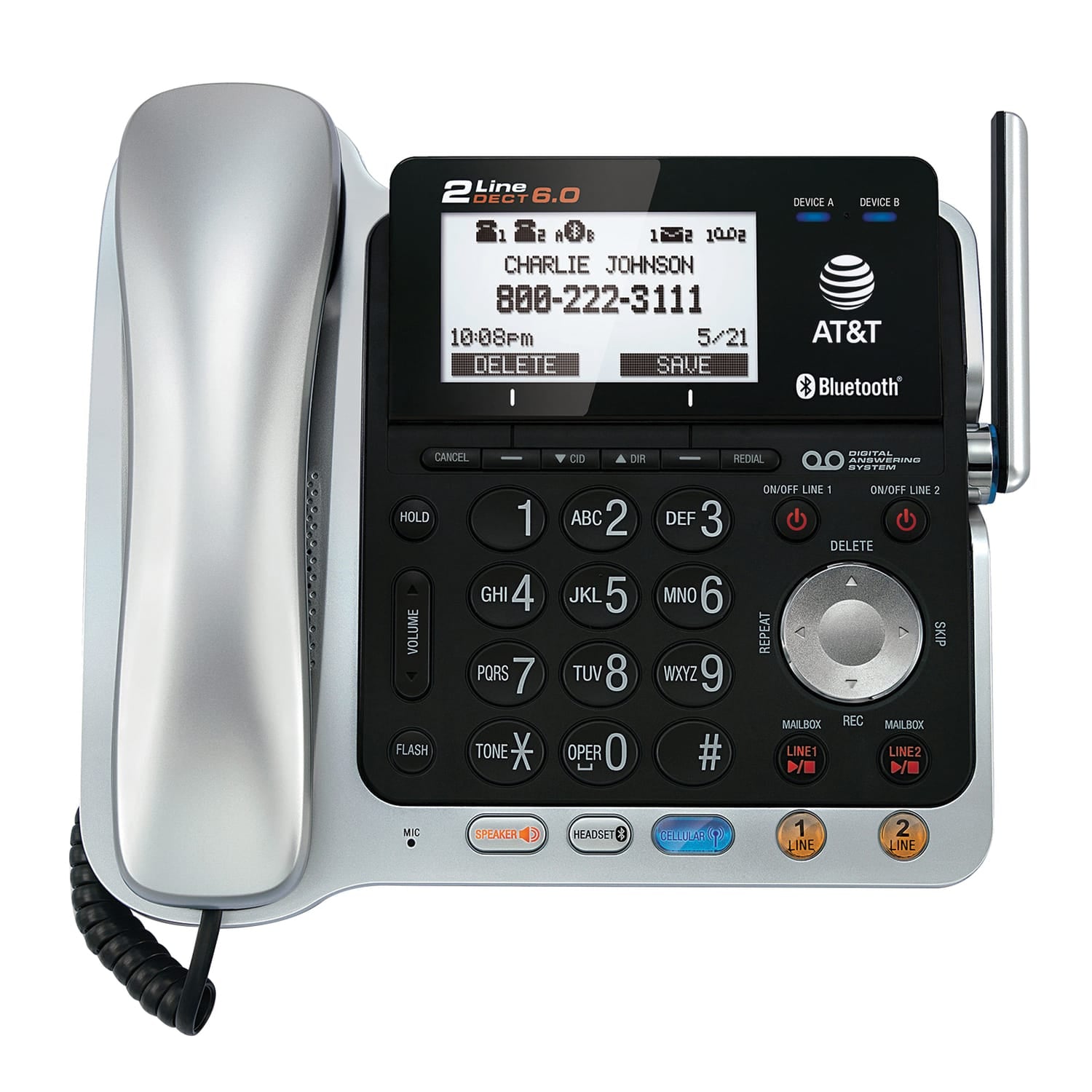 AT&T 2-Line 2-Handset DECT 6.0 Expandable Cordless Phone System for Landline, Answering System, Bluetooth Connect to Cell, and Caller ID