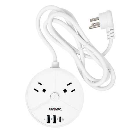 Rayovac Charge Disk 2-AC Outlet 540-Joules Surge Protector with 2 USB-A and 1 USB-C Ports, 5-Ft. Cord