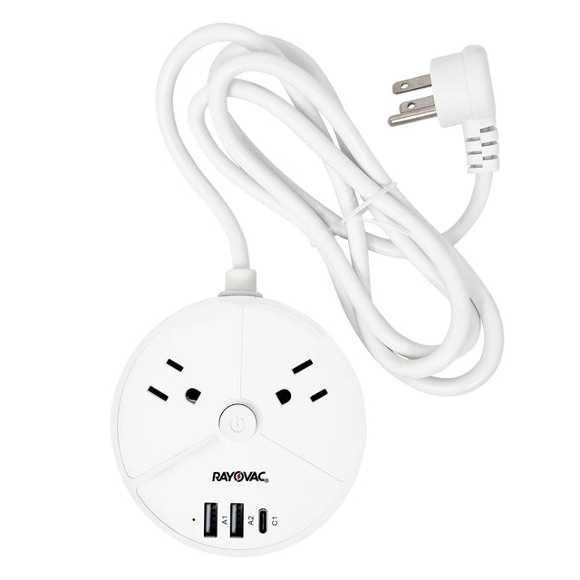 Rayovac Charge Disk 2-AC Outlet 540-Joules Surge Protector with 2 USB-A and 1 USB-C Ports, 5-Ft. Cord