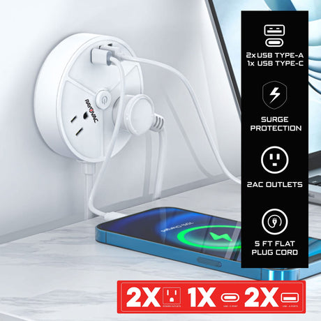 Rayovac Charge Disk 2-AC Outlet 540-Joules Surge Protector with 2 USB-A and 1 USB-C Ports, 5-Ft. Cord
