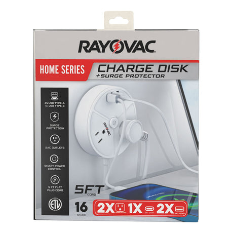 Rayovac Charge Disk 2-AC Outlet 540-Joules Surge Protector with 2 USB-A and 1 USB-C Ports, 5-Ft. Cord