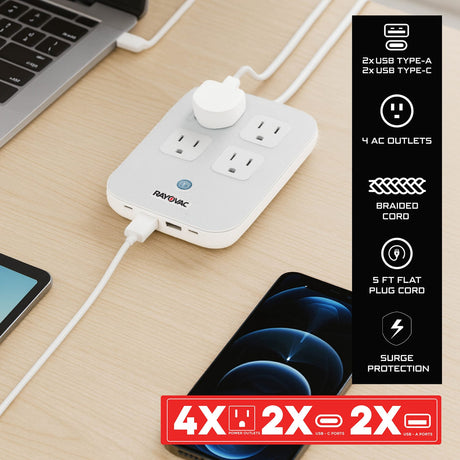 Rayovac 4-AC Outlet and 4-USB Port 540-Joules Surge Protector Power Strip, 5-Ft. Braided Cord with Flat Plug, SS-P319