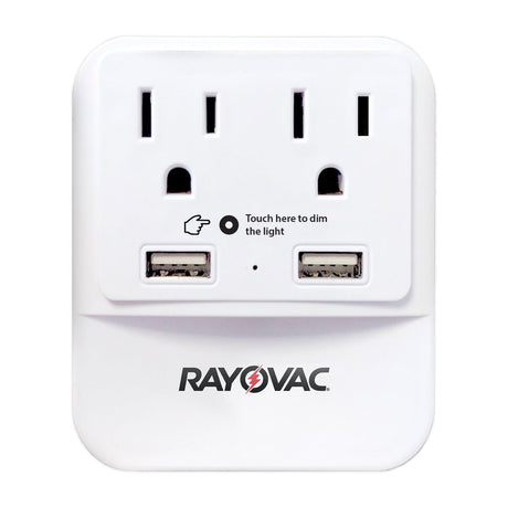 Rayovac 2-AC Outlet and 2-USB Port 300-Joules Portable Surge Protector/Splitter Wall Tap with Phone Holder and Night-Light, SS-Q202