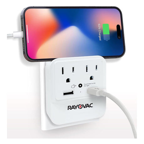 Rayovac 2-AC Outlet and 2-USB Port 300-Joules Portable Surge Protector/Splitter Wall Tap with Phone Holder and Night-Light, SS-Q202