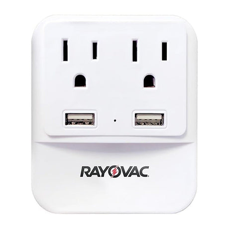 Rayovac 2-AC Outlet and 2-USB Port 300-Joules Portable Surge Protector/Splitter Wall Tap with Phone Holder and Night-Light, SS-Q202