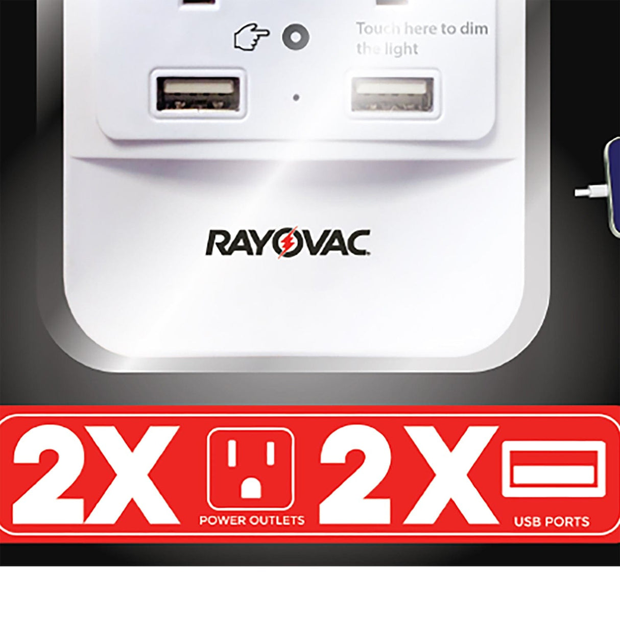 Rayovac 2-AC Outlet and 2-USB Port 300-Joules Portable Surge Protector/Splitter Wall Tap with Phone Holder and Night-Light, SS-Q202