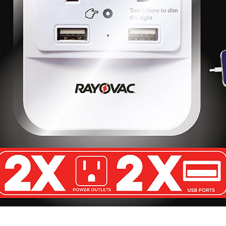 Rayovac 2-AC Outlet and 2-USB Port 300-Joules Portable Surge Protector/Splitter Wall Tap with Phone Holder and Night-Light, SS-Q202
