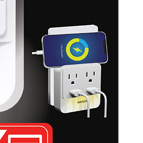 Rayovac 2-AC Outlet and 2-USB Port 300-Joules Portable Surge Protector/Splitter Wall Tap with Phone Holder and Night-Light, SS-Q202