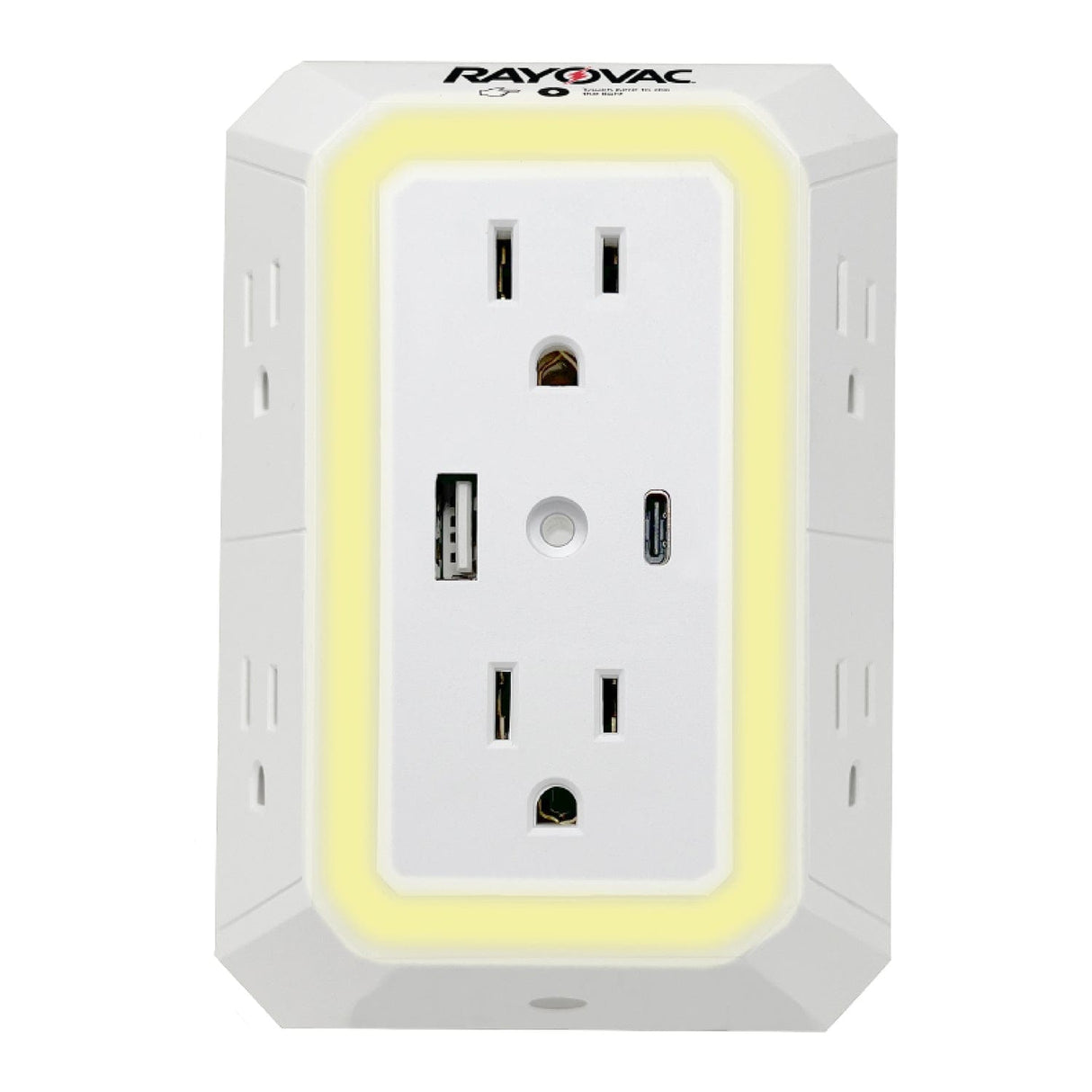 Rayovac 6-AC Outlet and 2-USB Port 300-Joules Portable Surge Protector Wall Tap with Phone Holder and Night-Light, SS-Q205