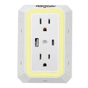 Rayovac 6-AC Outlet and 2-USB Port 300-Joules Portable Surge Protector Wall Tap with Phone Holder and Night-Light, SS-Q205