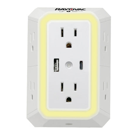Rayovac 6-AC Outlet and 2-USB Port 300-Joules Portable Surge Protector Wall Tap with Phone Holder and Night-Light, SS-Q205