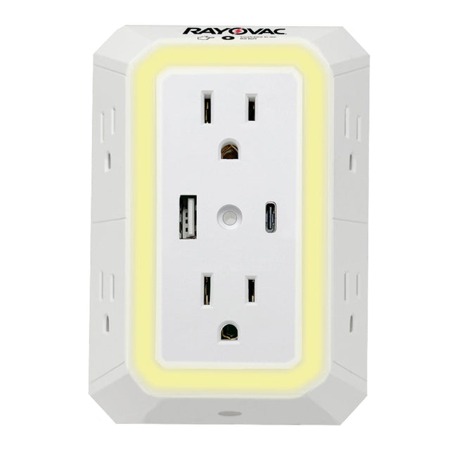 Rayovac 6-AC Outlet and 2-USB Port 300-Joules Portable Surge Protector Wall Tap with Phone Holder and Night-Light, SS-Q205