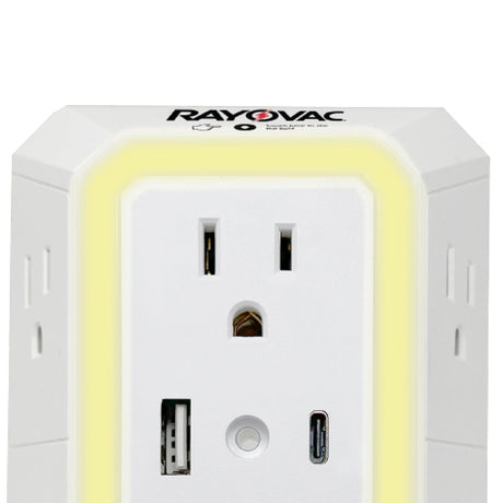 Rayovac 6-AC Outlet and 2-USB Port 300-Joules Portable Surge Protector Wall Tap with Phone Holder and Night-Light, SS-Q205