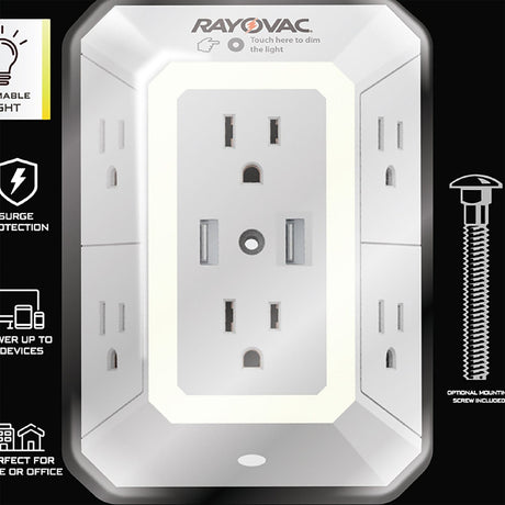 Rayovac 6-AC Outlet and 2-USB Port 300-Joules Portable Surge Protector Wall Tap with Phone Holder and Night-Light, SS-Q205