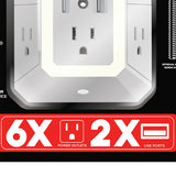Rayovac 6-AC Outlet and 2-USB Port 300-Joules Portable Surge Protector Wall Tap with Phone Holder and Night-Light, SS-Q205