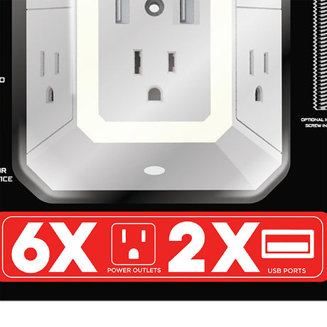 Rayovac 6-AC Outlet and 2-USB Port 300-Joules Portable Surge Protector Wall Tap with Phone Holder and Night-Light, SS-Q205