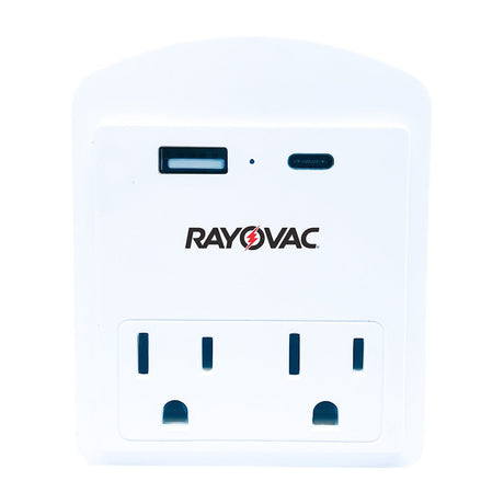 Rayovac AC Outlet and 2-USB Port 300-Joules Portable Surge Protector Wall Tap with Phone Holder, 2 Outlet