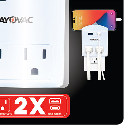 Rayovac AC Outlet and 2-USB Port 300-Joules Portable Surge Protector Wall Tap with Phone Holder, 2 Outlet