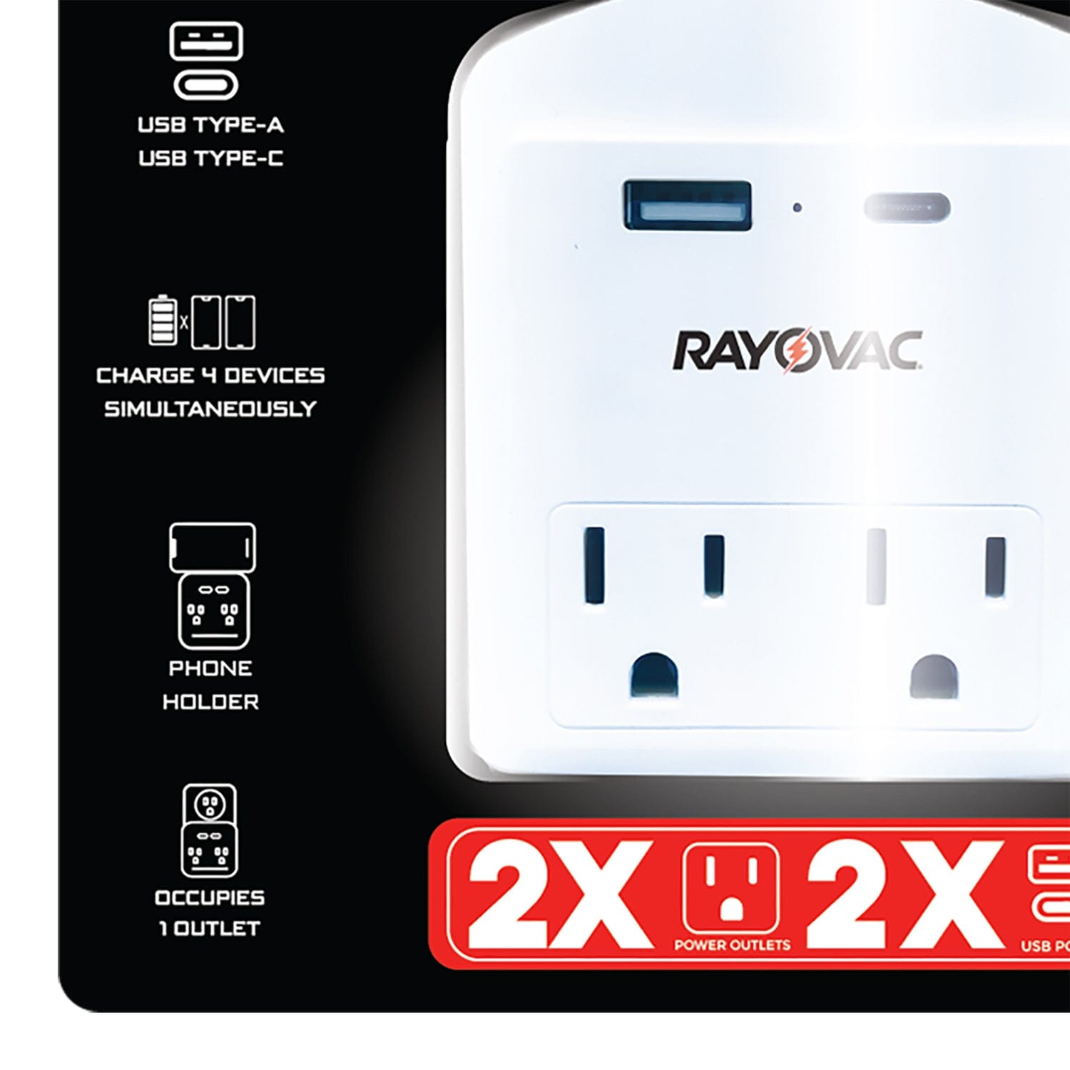 Rayovac AC Outlet and 2-USB Port 300-Joules Portable Surge Protector Wall Tap with Phone Holder, 2 Outlet