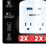 Rayovac AC Outlet and 2-USB Port 300-Joules Portable Surge Protector Wall Tap with Phone Holder, 2 Outlet