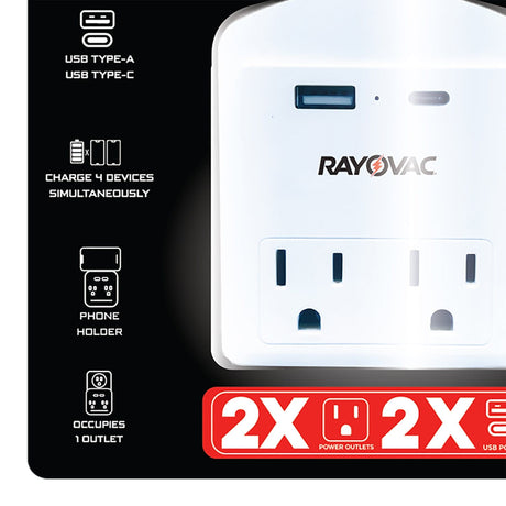 Rayovac AC Outlet and 2-USB Port 300-Joules Portable Surge Protector Wall Tap with Phone Holder, 2 Outlet