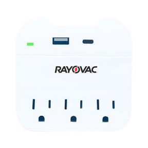 Rayovac AC Outlet and 2-USB Port 300-Joules Portable Surge Protector Wall Tap with Phone Holder, 3 Outlet