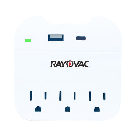 Rayovac AC Outlet and 2-USB Port 300-Joules Portable Surge Protector Wall Tap with Phone Holder, 3 Outlet