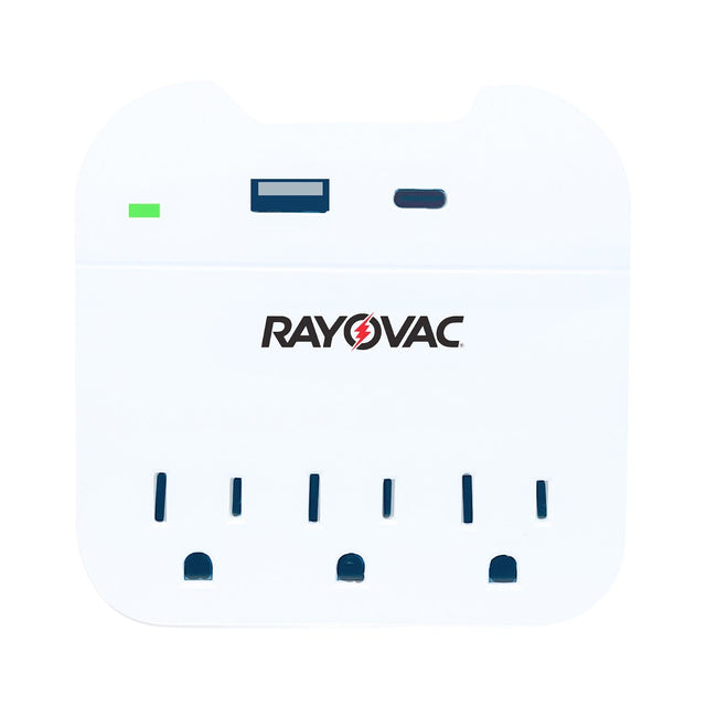 Rayovac AC Outlet and 2-USB Port 300-Joules Portable Surge Protector Wall Tap with Phone Holder, 3 Outlet