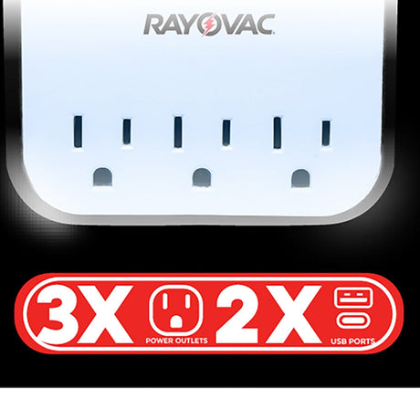 Rayovac AC Outlet and 2-USB Port 300-Joules Portable Surge Protector Wall Tap with Phone Holder, 3 Outlet
