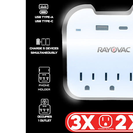 Rayovac AC Outlet and 2-USB Port 300-Joules Portable Surge Protector Wall Tap with Phone Holder, 3 Outlet