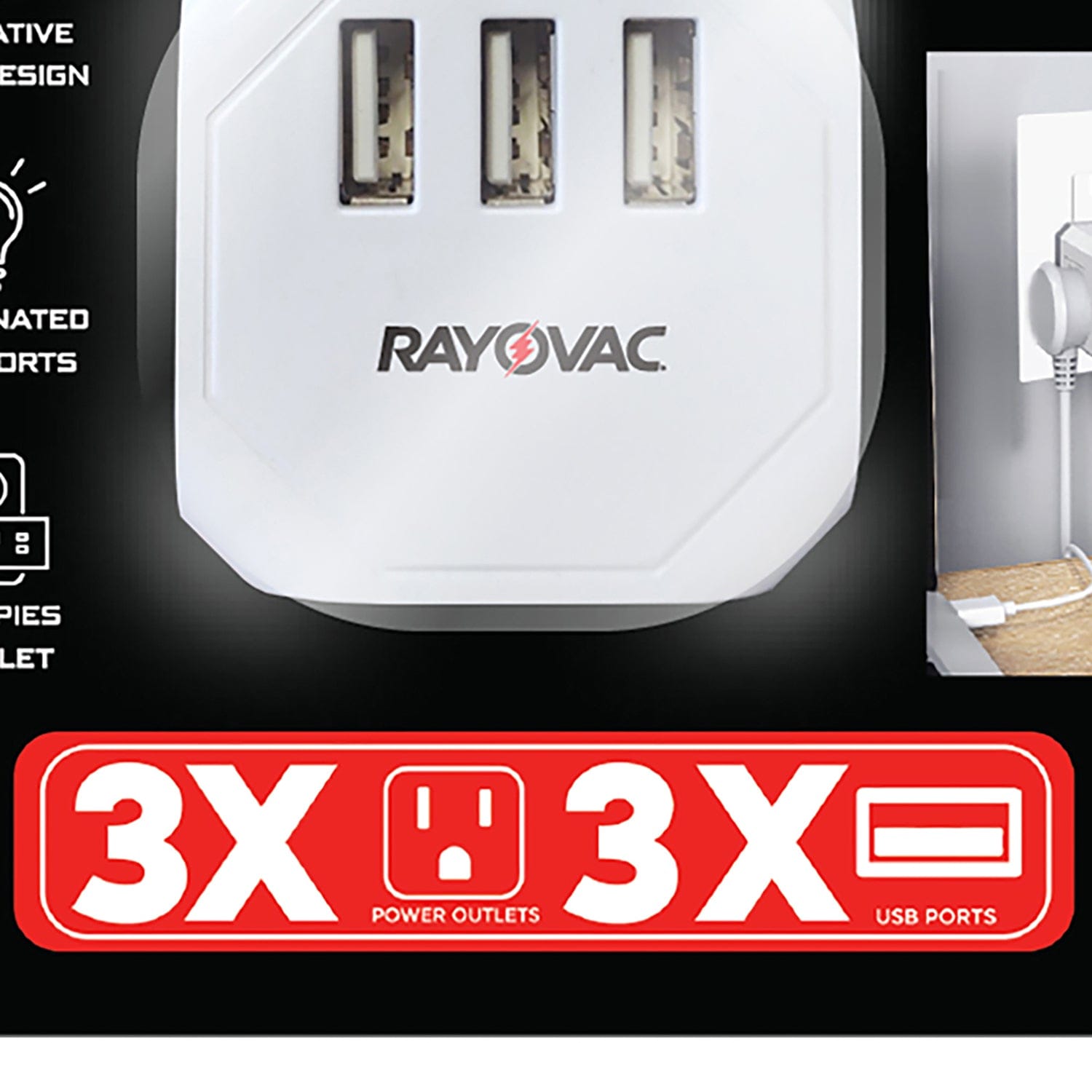 Rayovac 3-AC Outlet and 3-USB Port Portable Power Strip and Charger Wall Tap Cube, SS-Q303