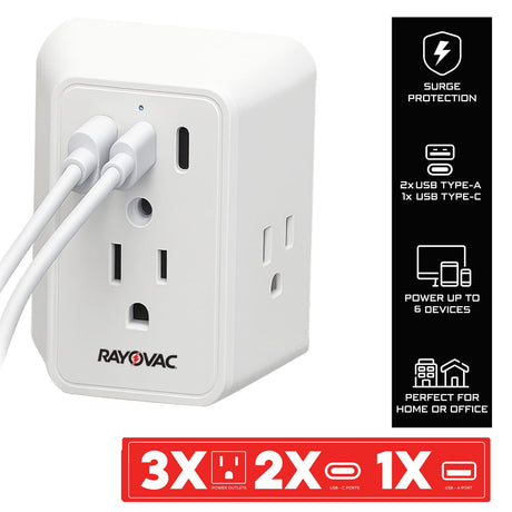 Rayovac 3-AC Outlet and 3-USB Port 540-Joules Surge Protector Wall Tap, SS-Q901